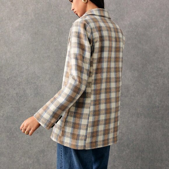 Multicolor Casual Women's Plaid Print Double-Breasted Long Sleeve Blazer Jacket - Picture 8 of 8